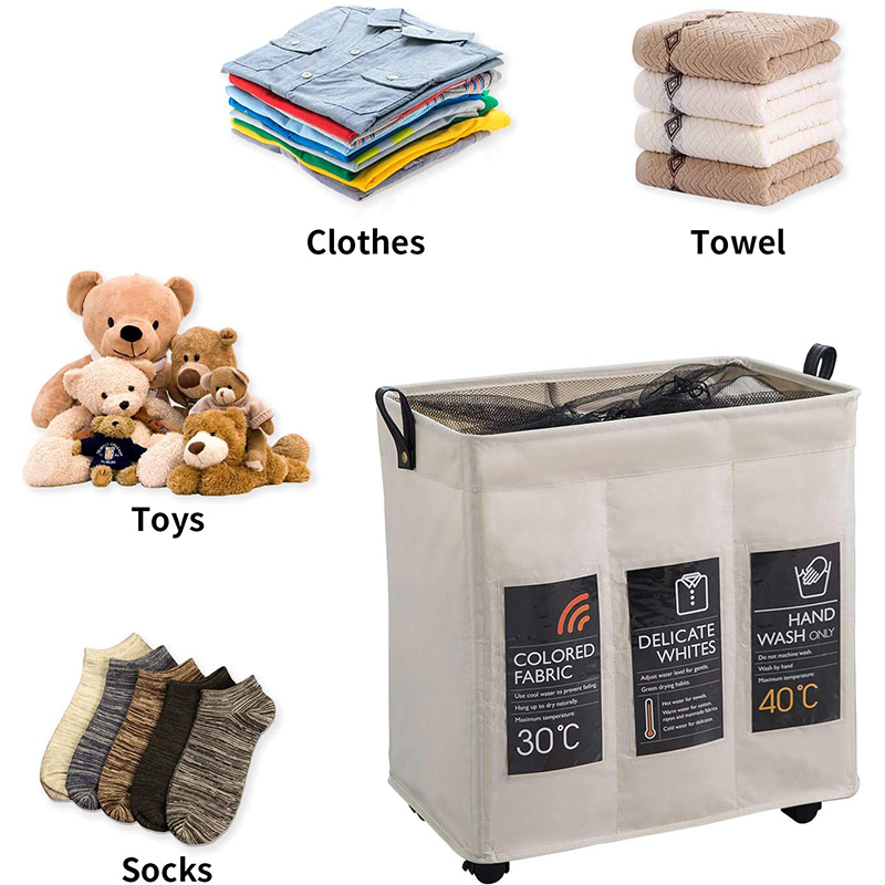 Large Kids Collapsible Canvas Laundry Hamper In Bulk Trolley Laundry Basket 3 Compartments With Lid